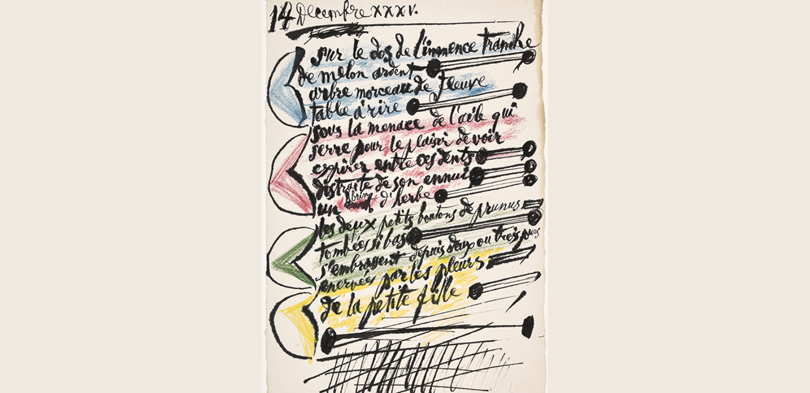 Pablo Picasso, En la parte posterior de la rebanada,1935. Pluma, tinta china y lápices de colores sobre papel de dibujo verjurado. 25,5 × 17,2 cm. Museo Nacional Picasso, París.  