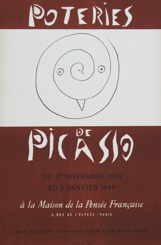 Pablo Picasso, cartel de la exposición "Poteries de Picasso" en la Maison de la Pensée Francaise, París, 1948. Litografía en color (61 x 40 cm.). Impresor: Mourlot París, edición de 750 ejemplares. 