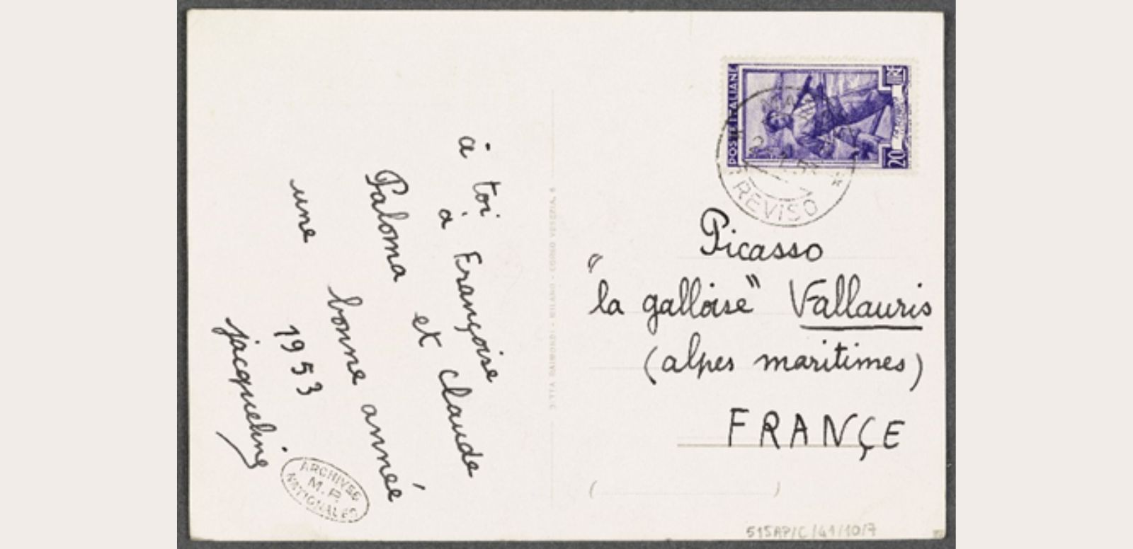 Jaqueline Duhême, “Tarjeta de felicitación para Picasso, Françoise, Paloma y Claude”, enero de 1953, 