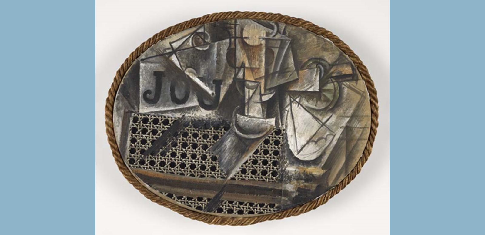 Pablo Picasso, “Naturaleza muerta con silla de rejilla”, 1912