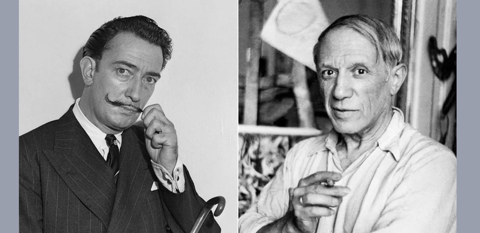 Dalí, retratado en 1949 y Picasso, en su estudio en París, en una foto sin datar.